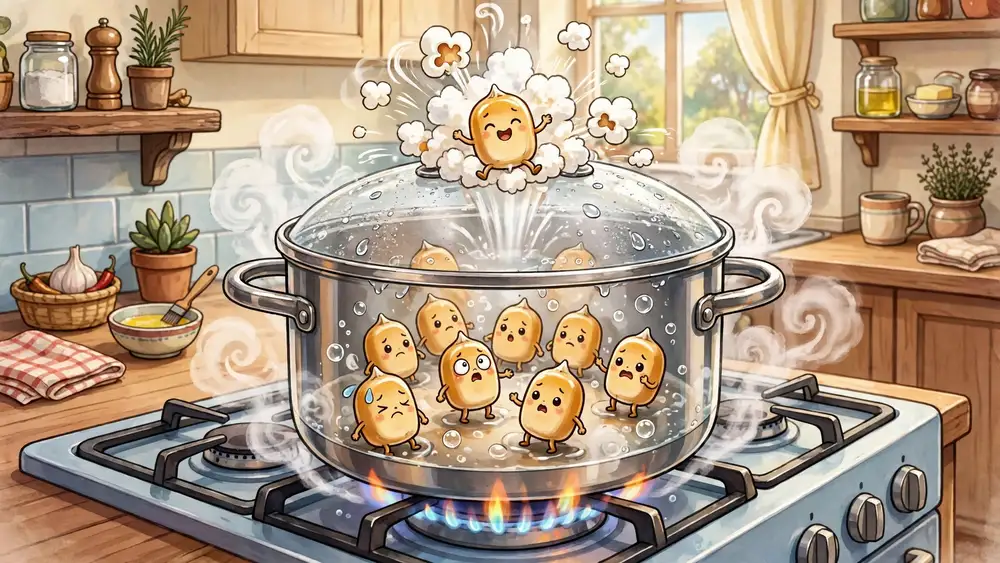 Cartoon kernels popping in a glass-lidded pot on the stove — classic popcorn puns illustration