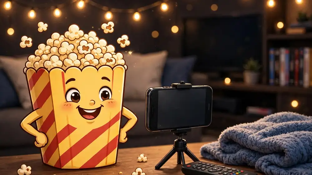 Cartoon popcorn bucket posing for a smartphone photo at movie night — popcorn captions illustration