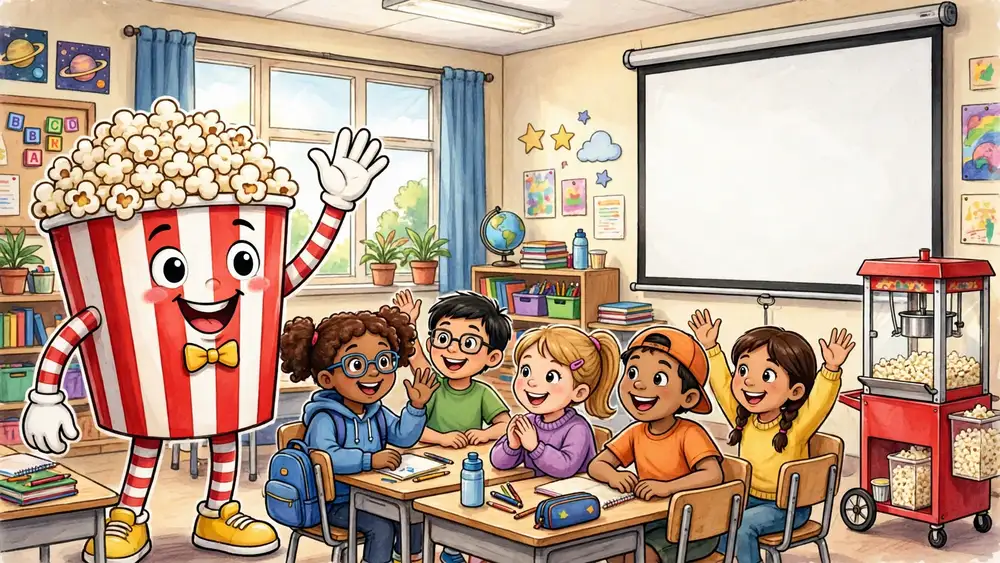 Cartoon popcorn bucket greeting happy school children on movie day — popcorn jokes for kids illustration