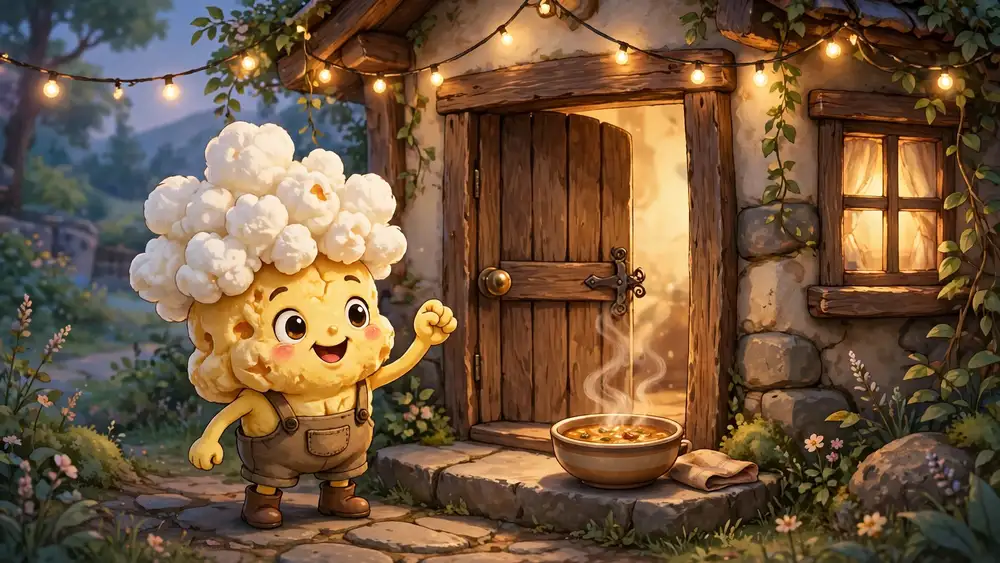Cartoon kernel knocking at a cozy cottage door with a warm bowl — knock-knock popcorn jokes illustration