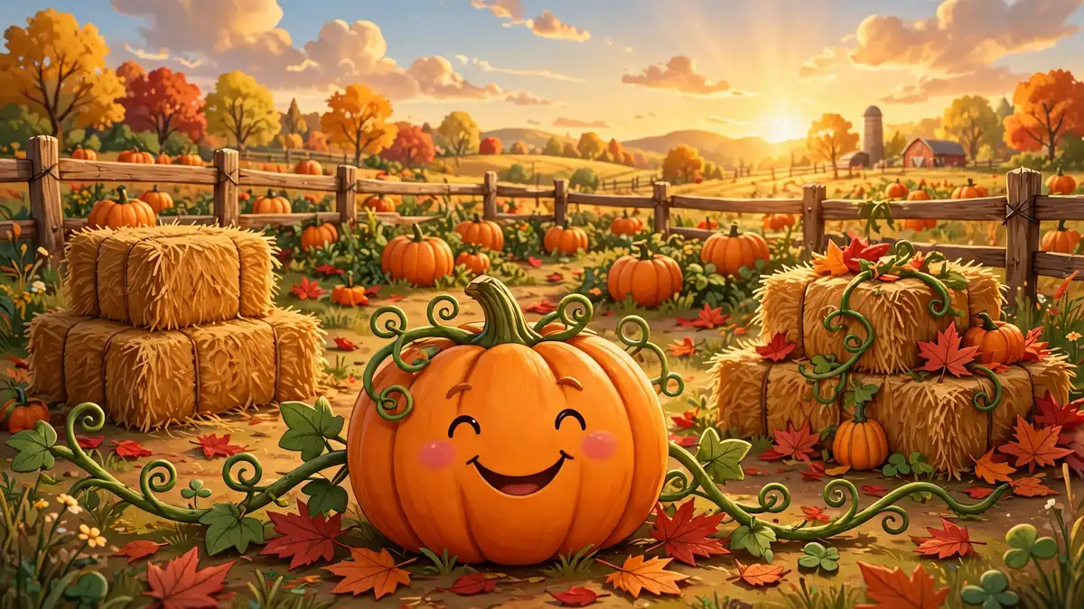 Cheerful cartoon pumpkin smiling in a sunny pumpkin patch — pumpkin puns illustration