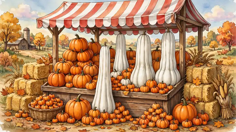 Cartoon pumpkins of all shapes and colors at a farm stand — classic pumpkin puns illustration
