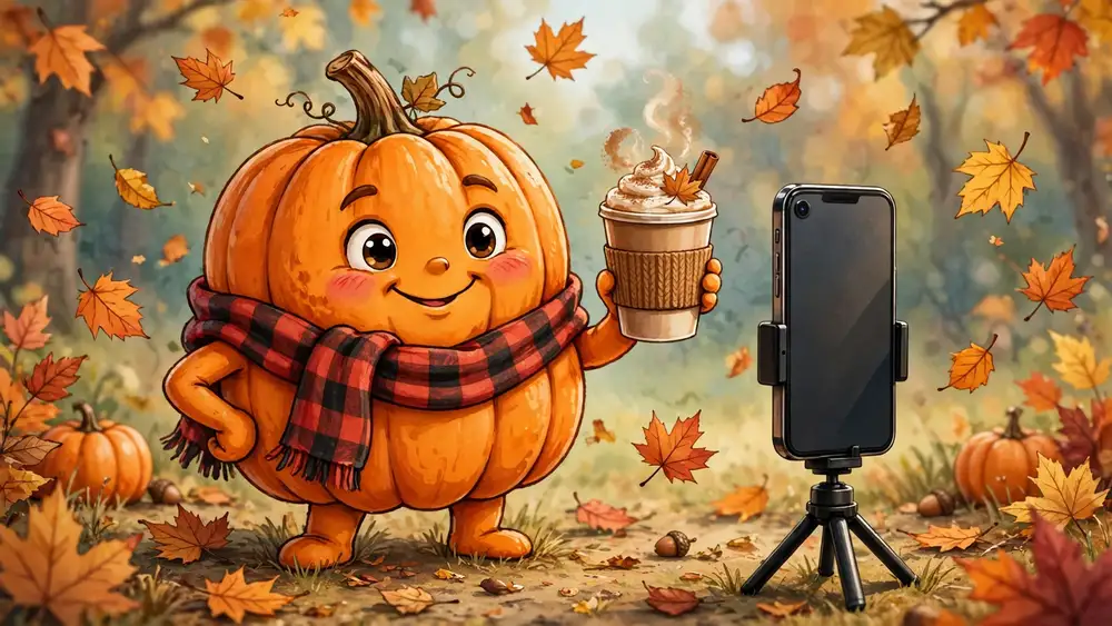 Cartoon pumpkin posing for a smartphone photo with a spiced latte — pumpkin captions illustration