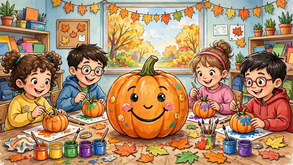 Cartoon pumpkin painting faces with happy school children — pumpkin jokes for kids illustration
