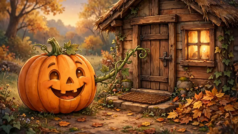 Cartoon jack-o'-lantern knocking at a cottage door — knock-knock pumpkin jokes illustration