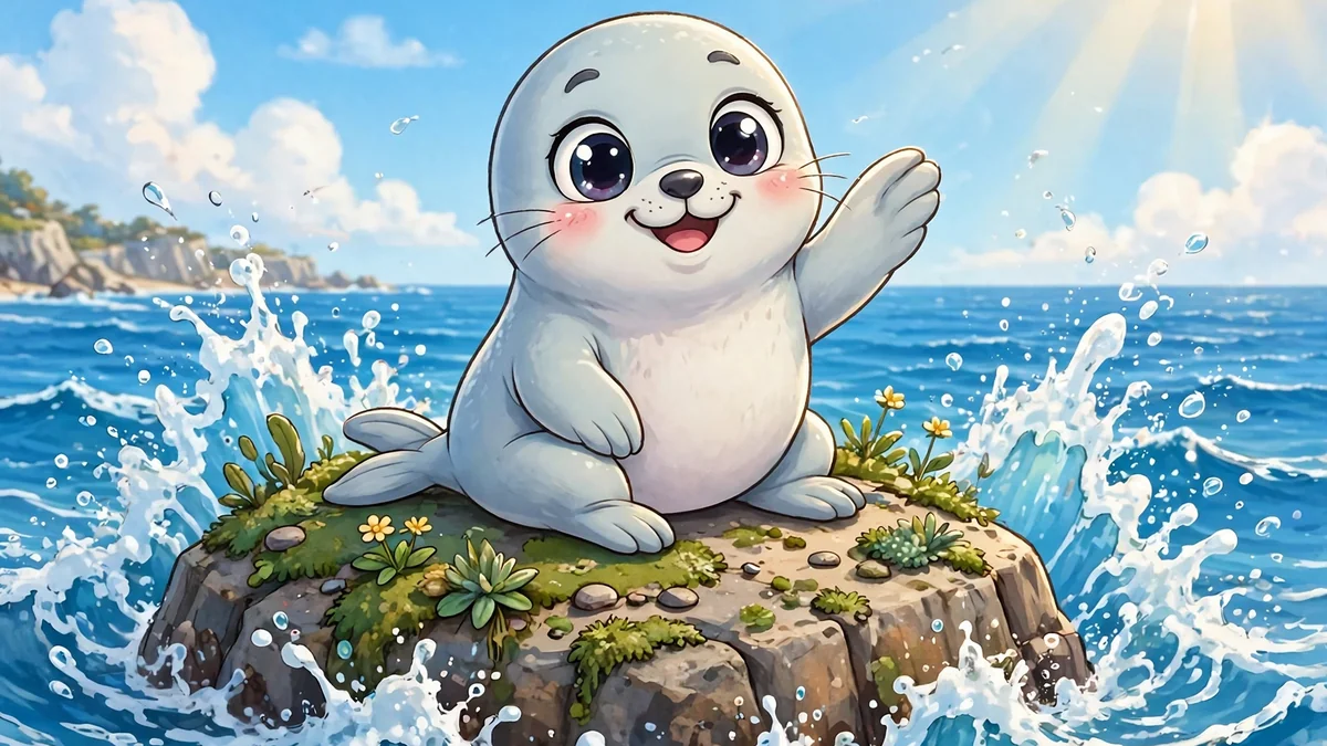 Cute cartoon seal with big eyes waving a flipper on a sunny rock by the ocean — seal puns illustration
