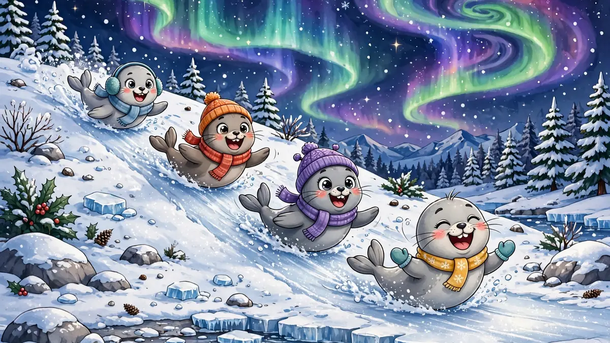 Playful cartoon seals sliding on an icy shore with snow and aurora — classic seal puns illustration