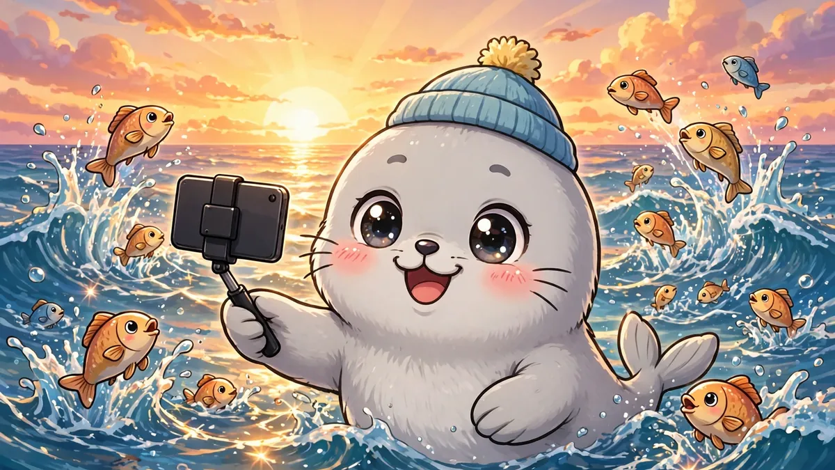Cute seal taking a selfie with the ocean sunset behind it — seal captions illustration