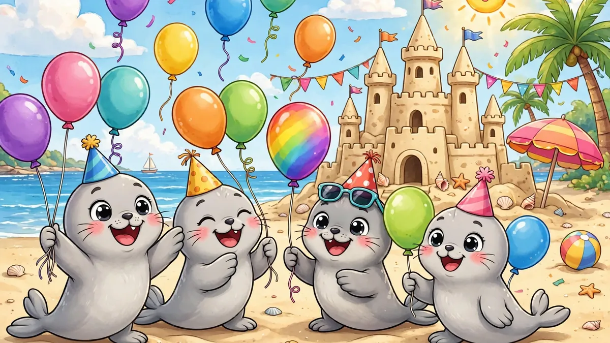 Happy cartoon baby seals at a beach party with balloons and a sandcastle — seal jokes for kids illustration