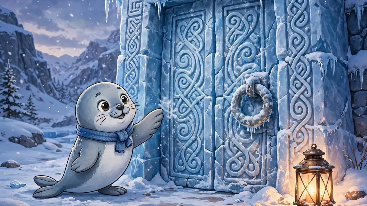 Cartoon seal knocking on an ice door with a flipper at dusk — knock-knock seal jokes illustration