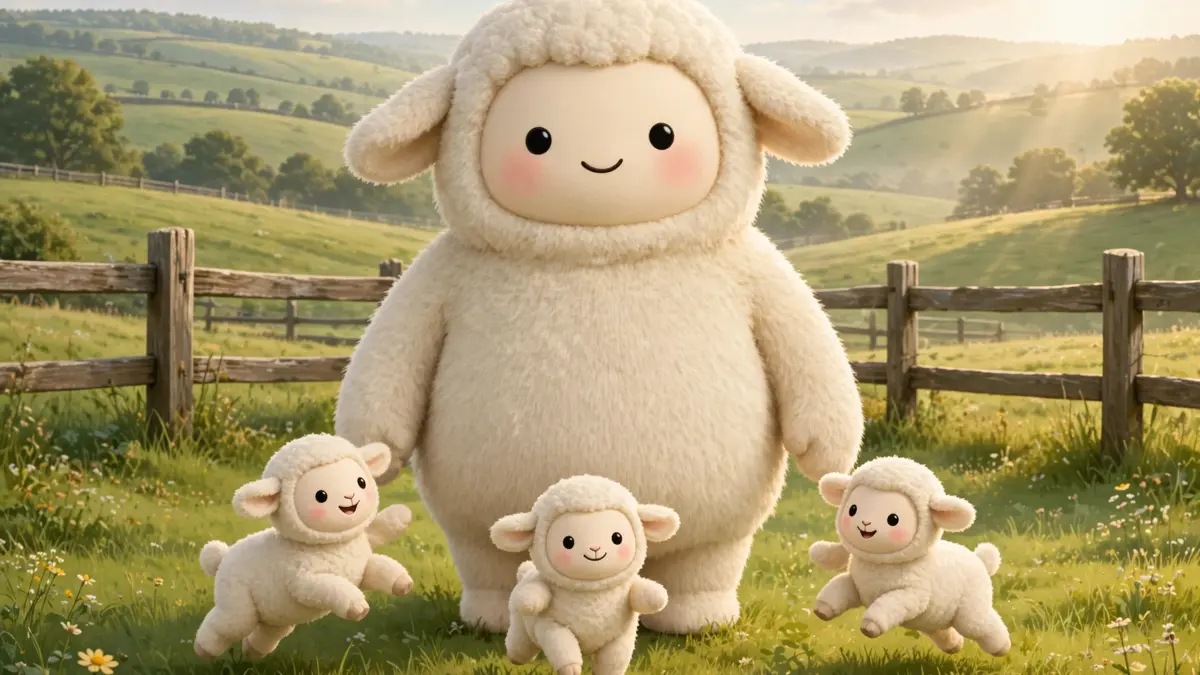 Cheerful cartoon sheep character standing in a sunny pasture — sheep puns illustration