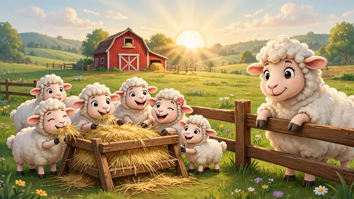 Cartoon sheep and her flock gathering in a sunny pasture — classic sheep puns illustration