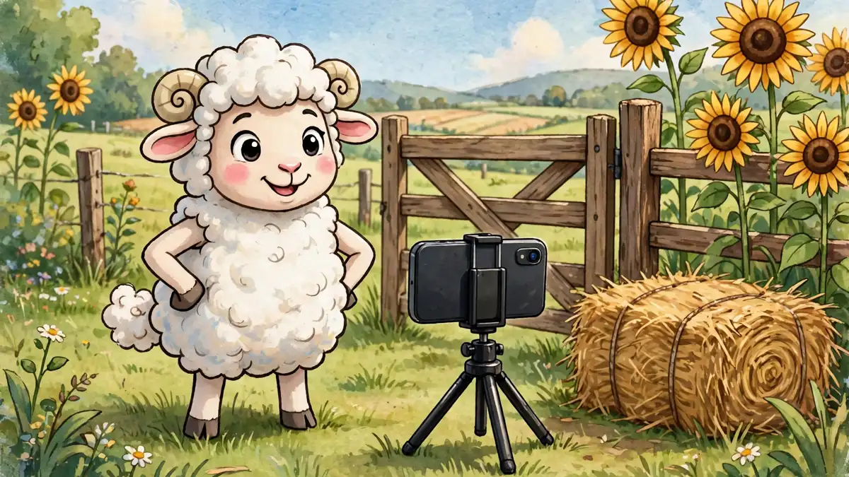 Cartoon sheep posing for a smartphone photo at the pasture gate — sheep captions illustration