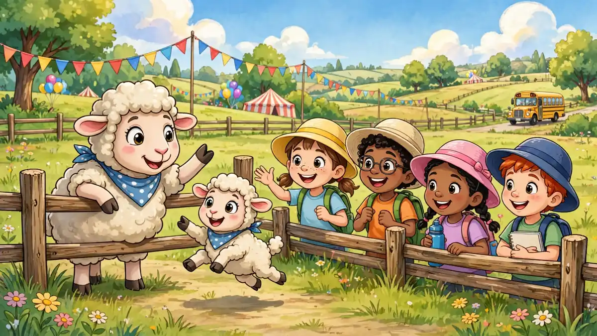 Cartoon sheep greeting happy school children at a farm visit — sheep jokes for kids illustration