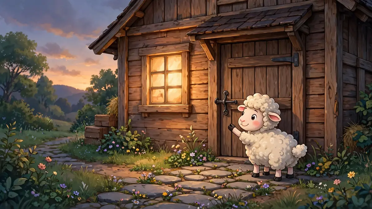 Cartoon sheep knocking at a cozy barn door at dusk — knock-knock sheep jokes illustration