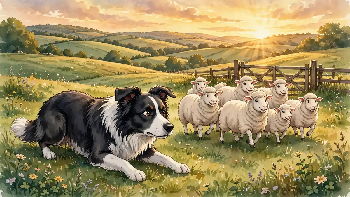 Cheerful cartoon Border Collie herding smiling sheep in a green pasture at golden hour — sheepdog puns illustration