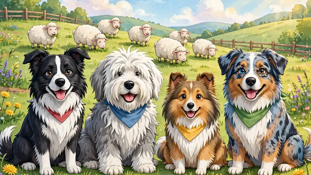 Cartoon Border Collie, Old English Sheepdog, Sheltie and Australian Shepherd lined up in a pasture — classic sheepdog puns illustration