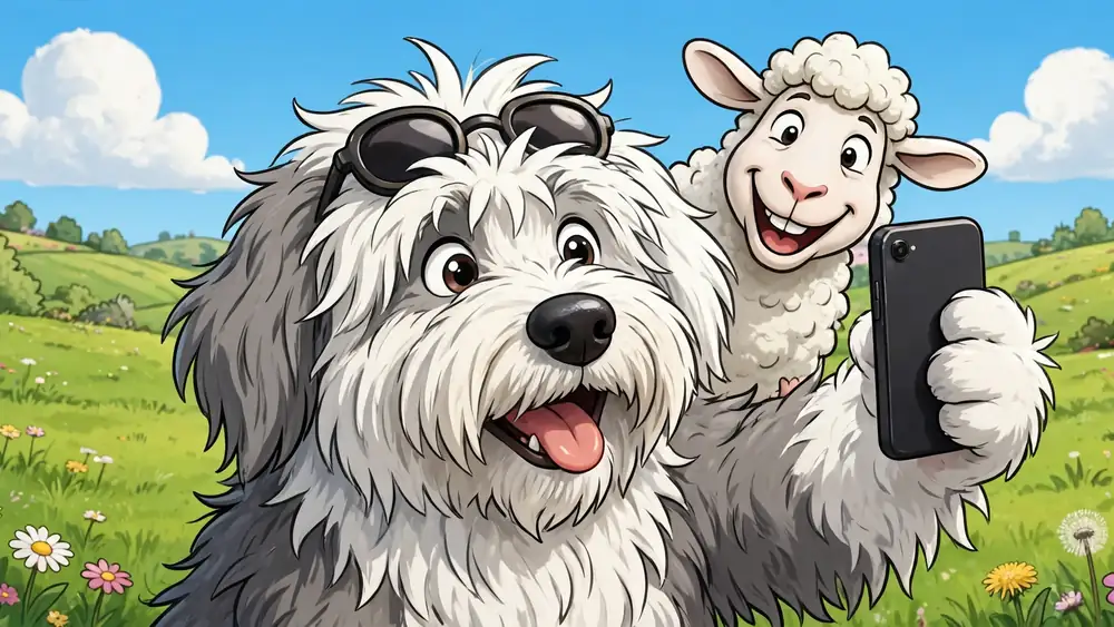 Cartoon Old English Sheepdog taking a selfie in a pasture with sheep behind — sheepdog captions illustration