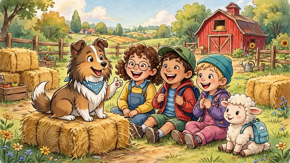 Cartoon Sheltie sharing jokes with school children and a lamb in a farmyard — sheepdog jokes for kids illustration