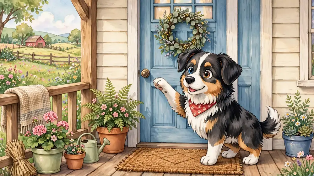 Cartoon Australian Shepherd with a raised paw knocking at a farmhouse door — knock-knock sheepdog jokes illustration