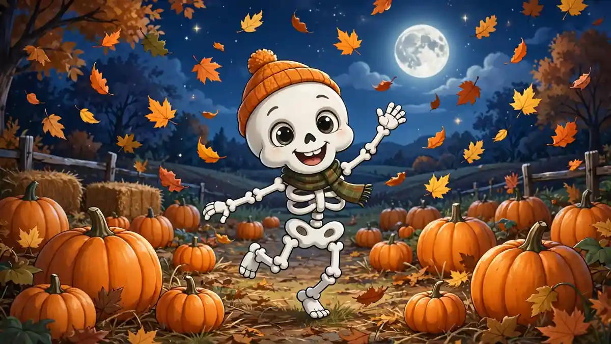 Cute cartoon skeleton dancing in a moonlit pumpkin patch — skeleton puns illustration