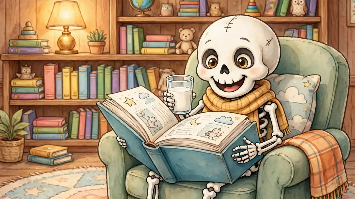 Cute cartoon skeleton reading a book with a glass of milk — skeleton puns illustration