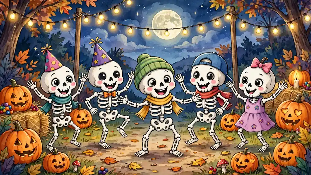 Cartoon skeletons dancing at a Halloween party with pumpkins — funny skeleton puns illustration