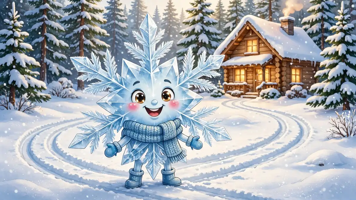 Cheerful cartoon snowflake character standing in a fresh snowy yard — snow puns illustration