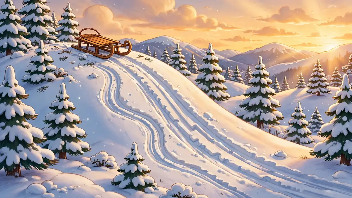 Cartoon snowy sledding hill with fresh tracks and snow-covered pines at golden hour — classic snow puns illustration