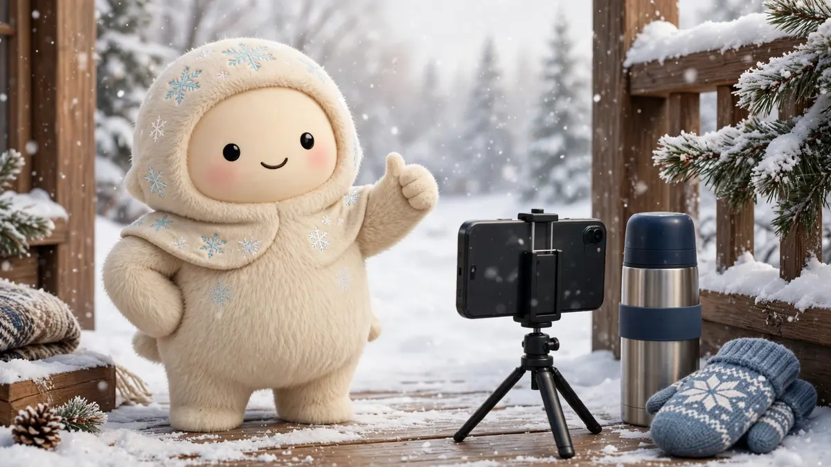 Cartoon snowflake character posing for a smartphone photo on a snowy porch — snow captions illustration