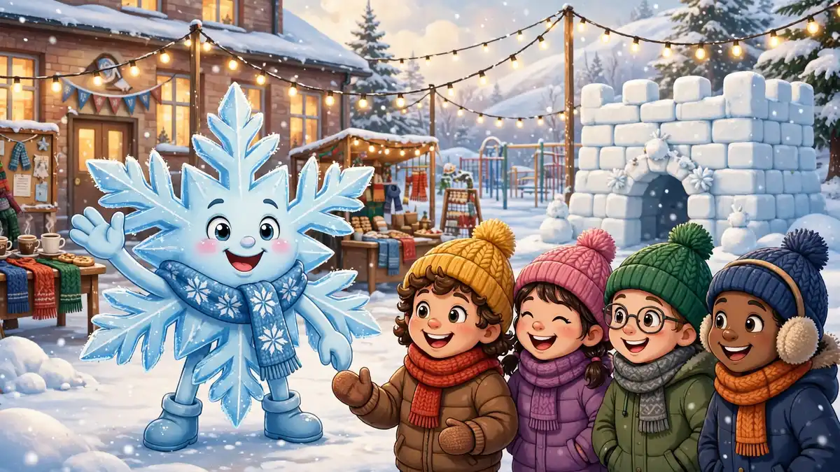 Cartoon snowflake character greeting happy school children at a snowy school fair — snow jokes for kids illustration