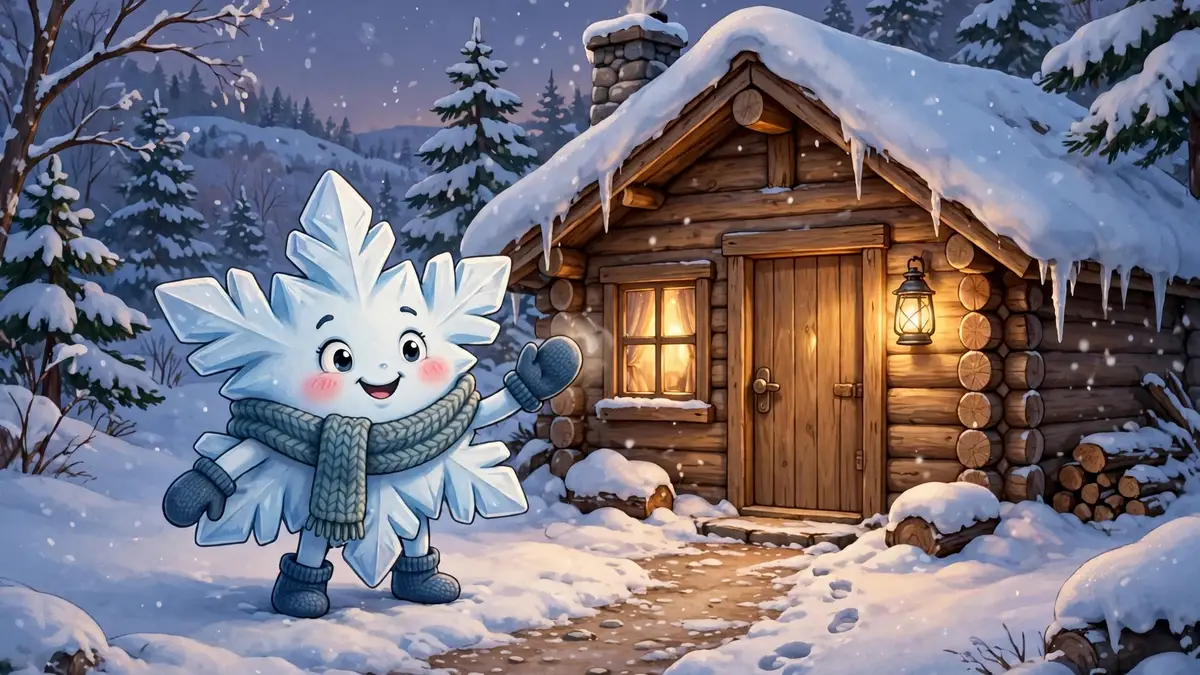 Cartoon snowflake character knocking at a cozy snow-covered cabin door — knock-knock snow jokes illustration