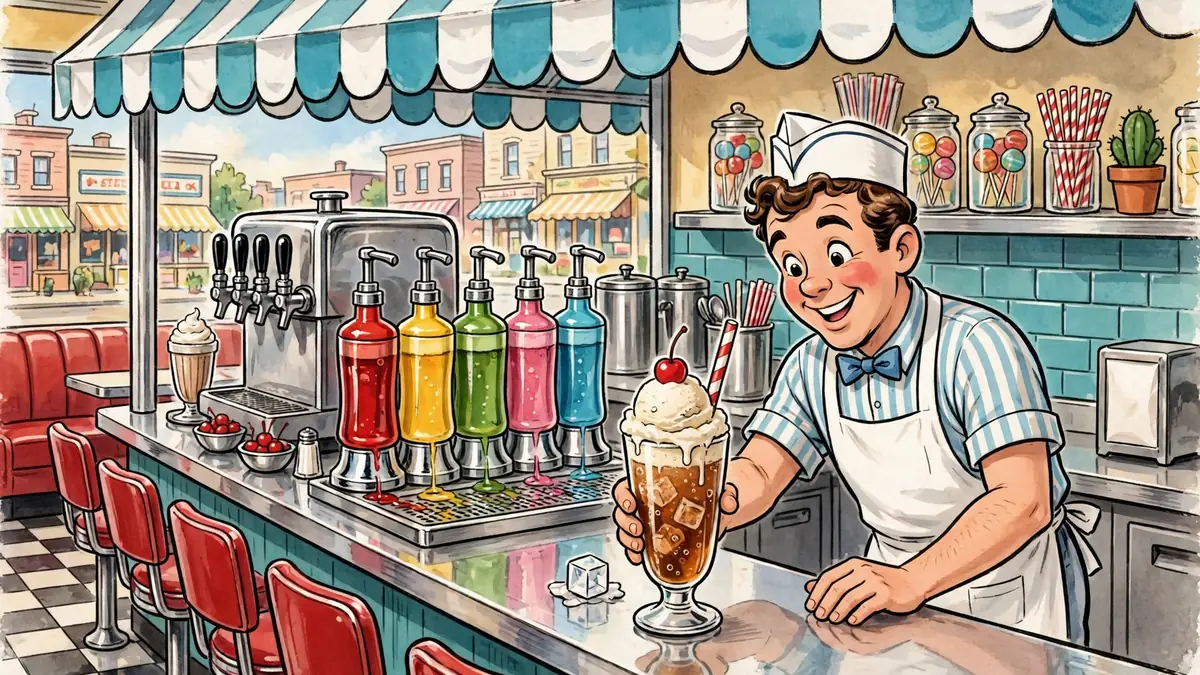 Cartoon retro soda fountain counter with a smiling soda jerk serving an ice cream float — classic soda jokes illustration