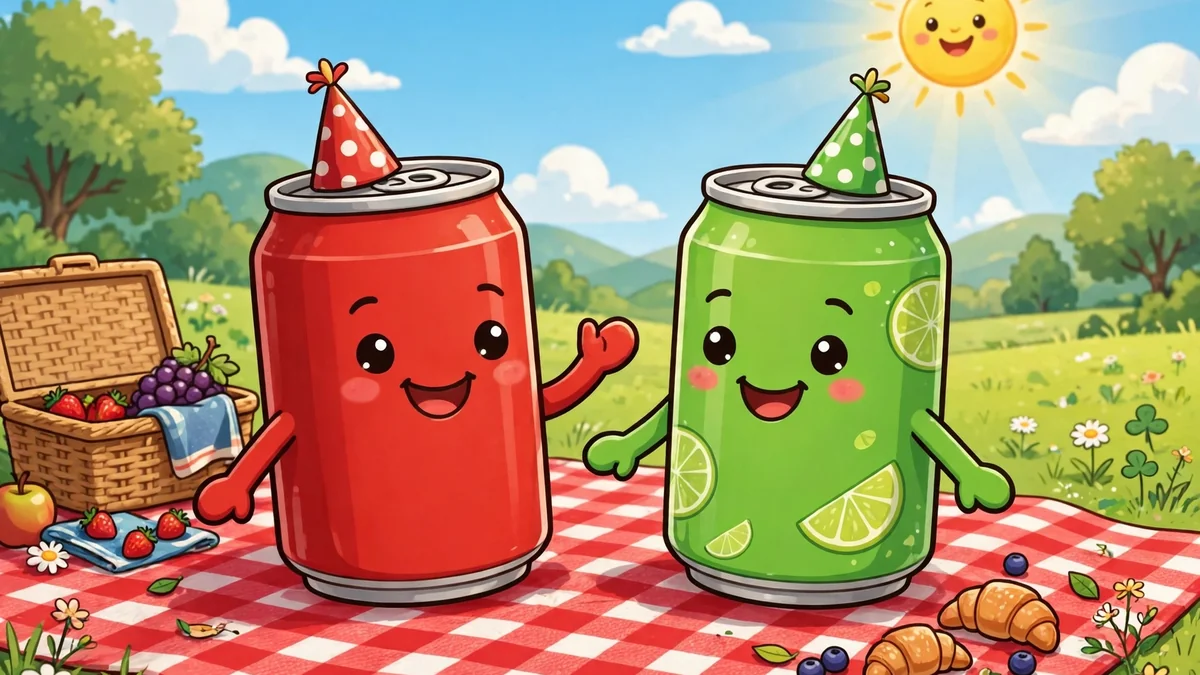 Two cartoon soda cans with party hats — red cola and green lemon-lime — at a sunny picnic — soda puns captions illustration