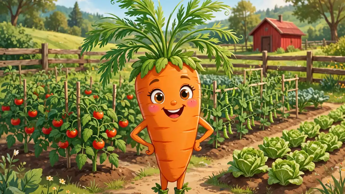 Cheerful cartoon carrot character standing in a sunny vegetable garden — vegetable puns illustration