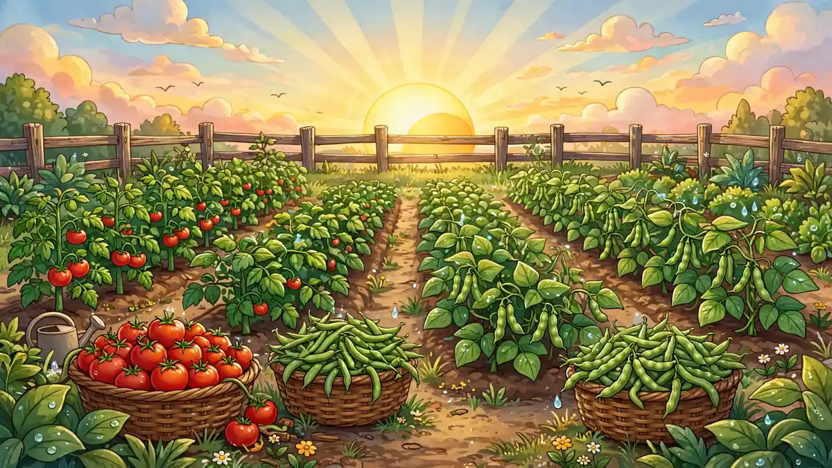Cartoon vegetable garden rows at harvest time in the morning sun — classic vegetable puns illustration