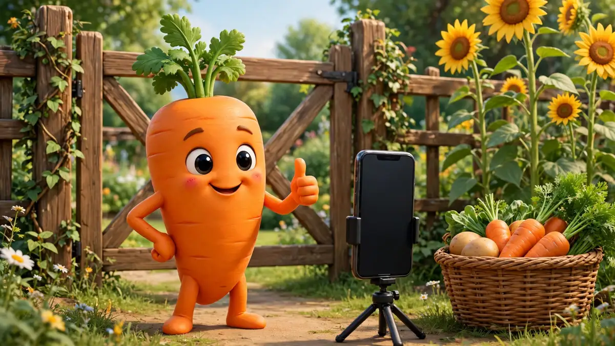 Cartoon carrot posing for a smartphone photo at the garden gate — vegetable captions illustration
