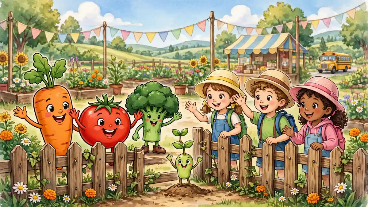 Cartoon vegetables greeting happy school children at a garden visit — vegetable jokes for kids illustration