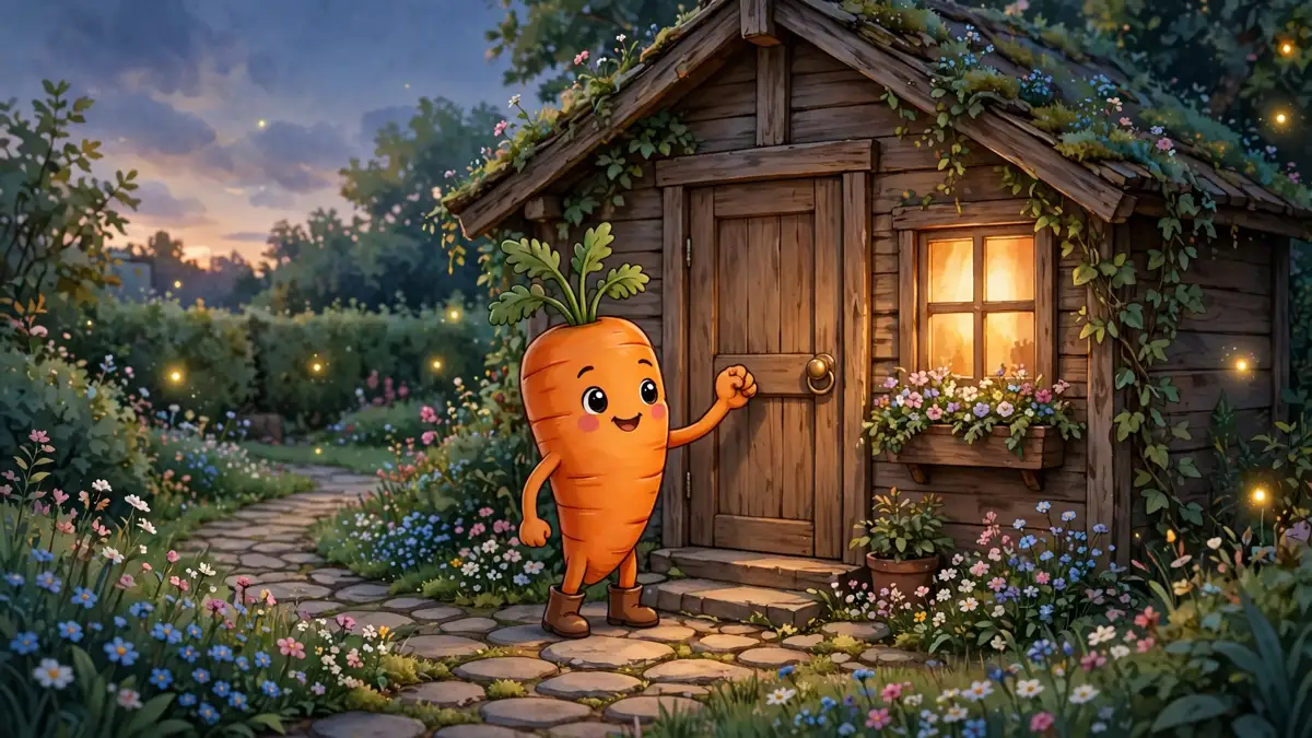 Cartoon carrot knocking at a cozy garden shed door at dusk — knock-knock vegetable jokes illustration