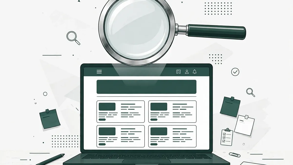 Voozon.com review 2026 — magnifying glass over a laptop showing a blog being audited