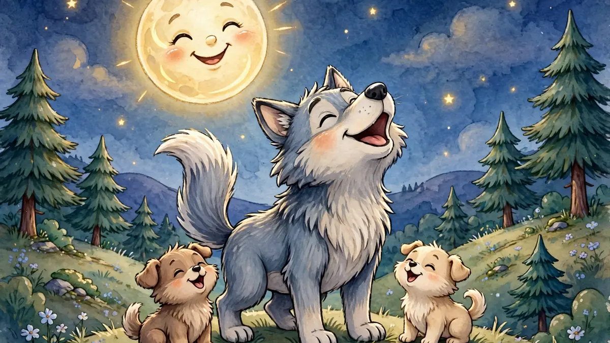 Cheerful cartoon wolf character howling happily on a moonlit hilltop — wolf puns illustration