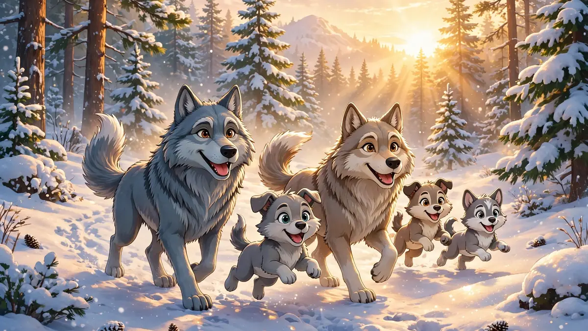 Cartoon wolf pack trotting through a snowy pine forest at sunrise — classic wolf puns illustration