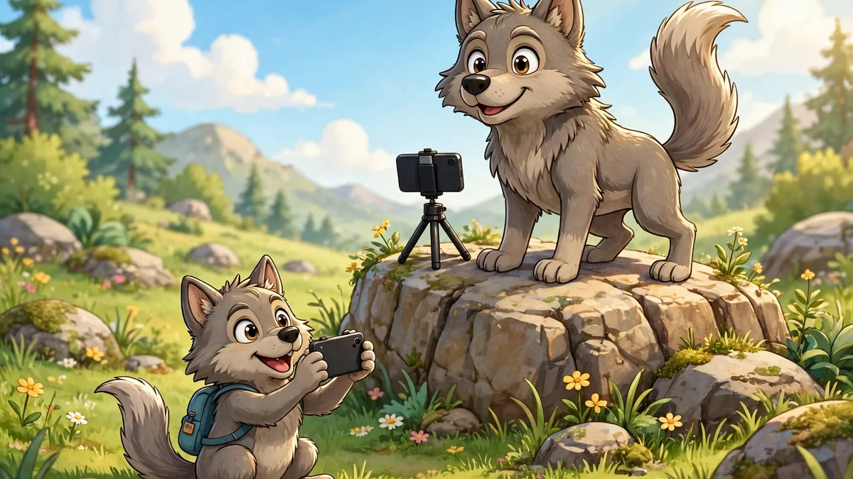 Cartoon wolf posing for a smartphone photo on a rock — wolf captions illustration