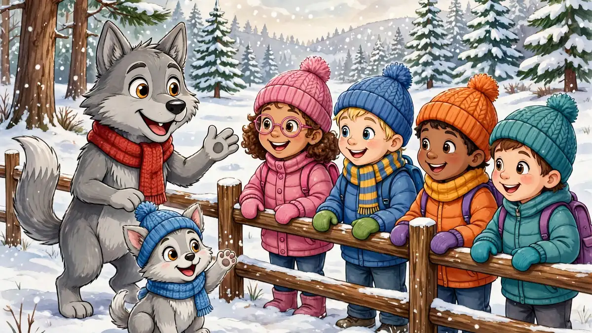 Cartoon wolf greeting happy school children on a wildlife park visit — wolf jokes for kids illustration