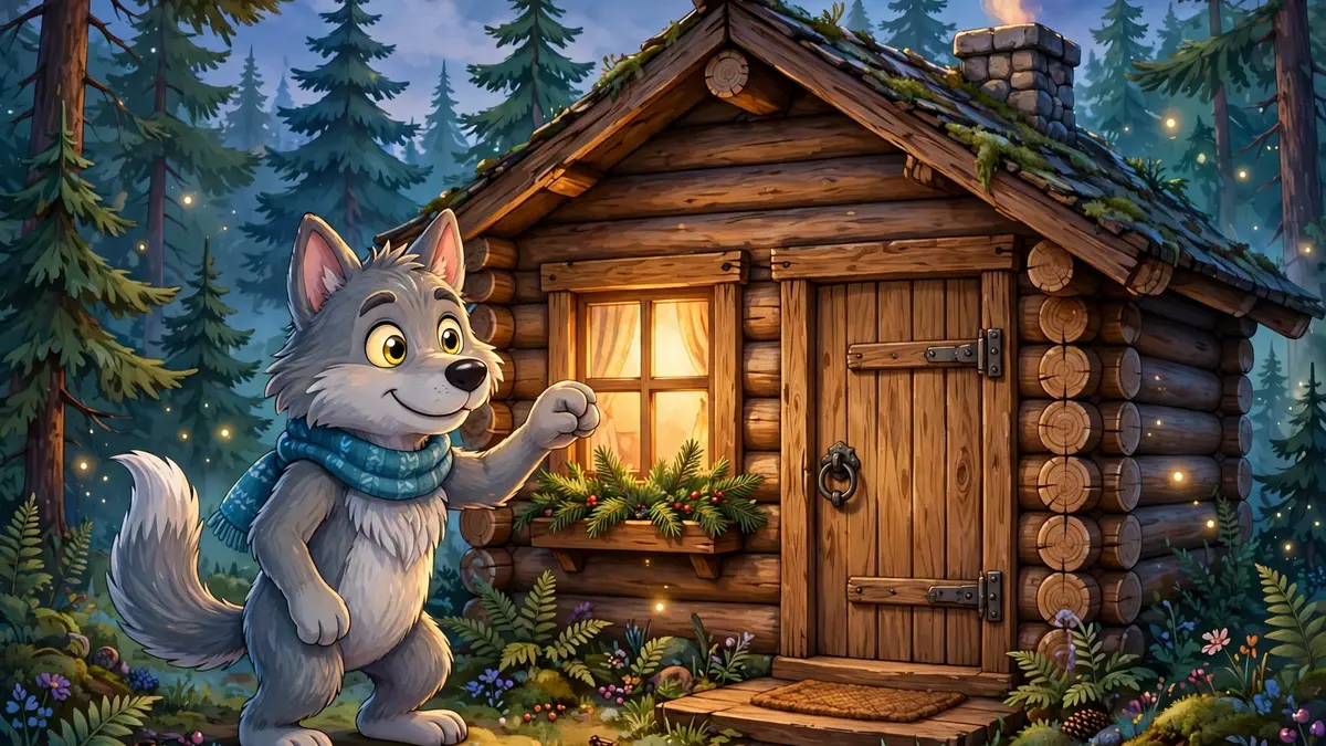 Cartoon wolf knocking at a cozy log cabin door at dusk — knock-knock wolf jokes illustration