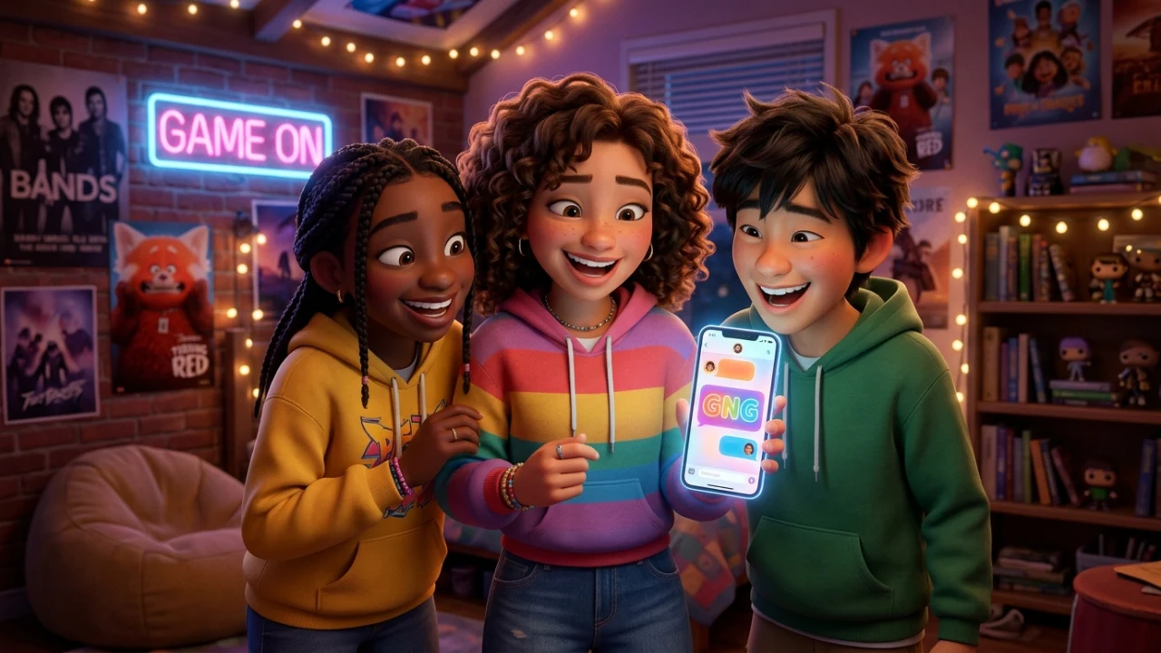 What does GNG mean in text and slang: 3D animated friends looking at a smartphone chat showing GNG message